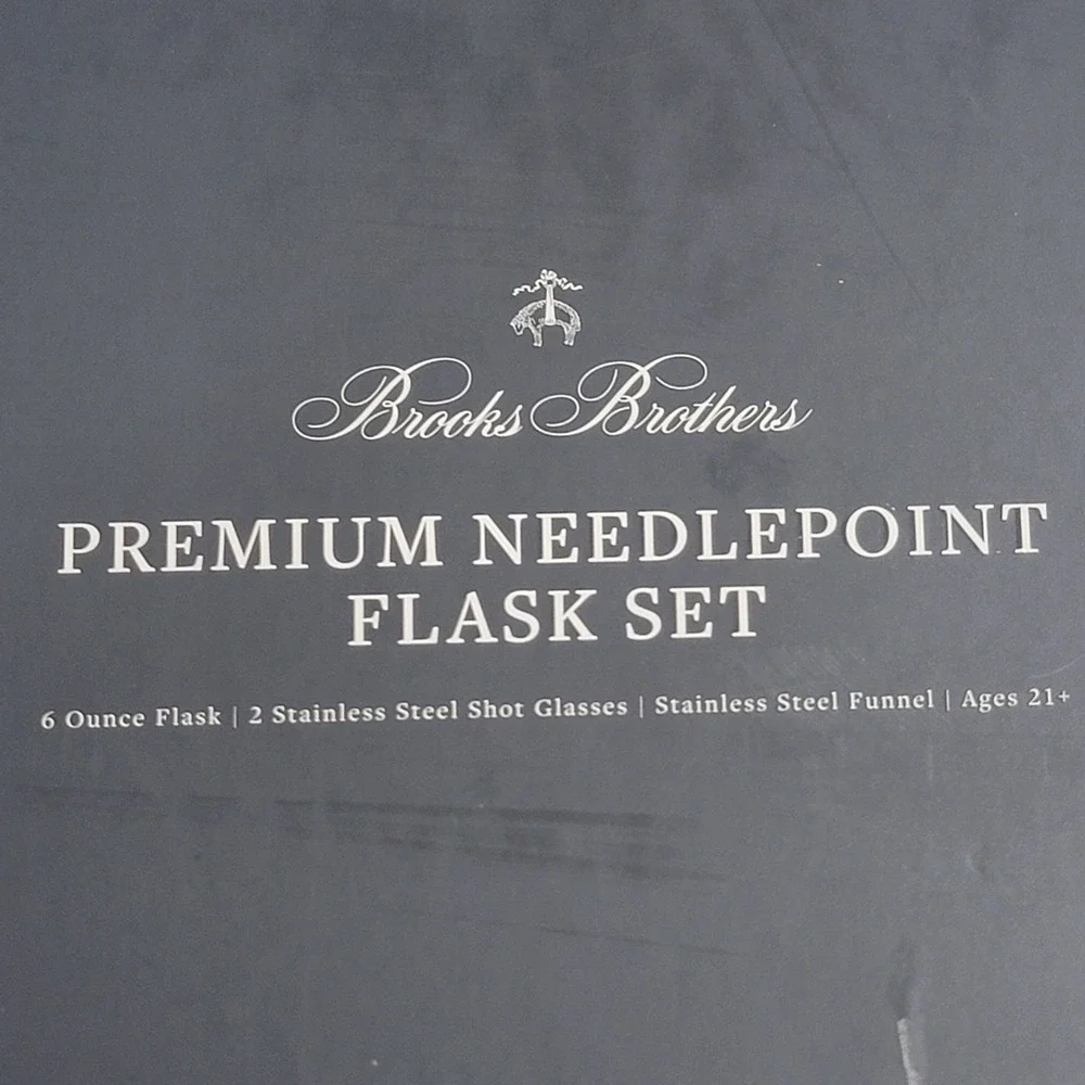 Brooks Brothers Premium Needlepoint Flask Set American Flag Stainless Steel 6oz